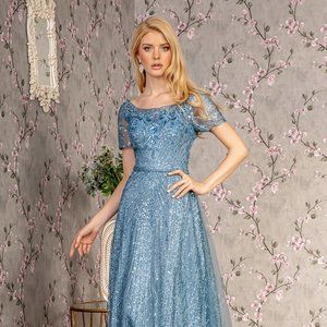 NEW FLOOR LENGTH FORMAL MOB GOWN WITH SHORT SLEEVES AND BEADES EMBROIDERY GL3493